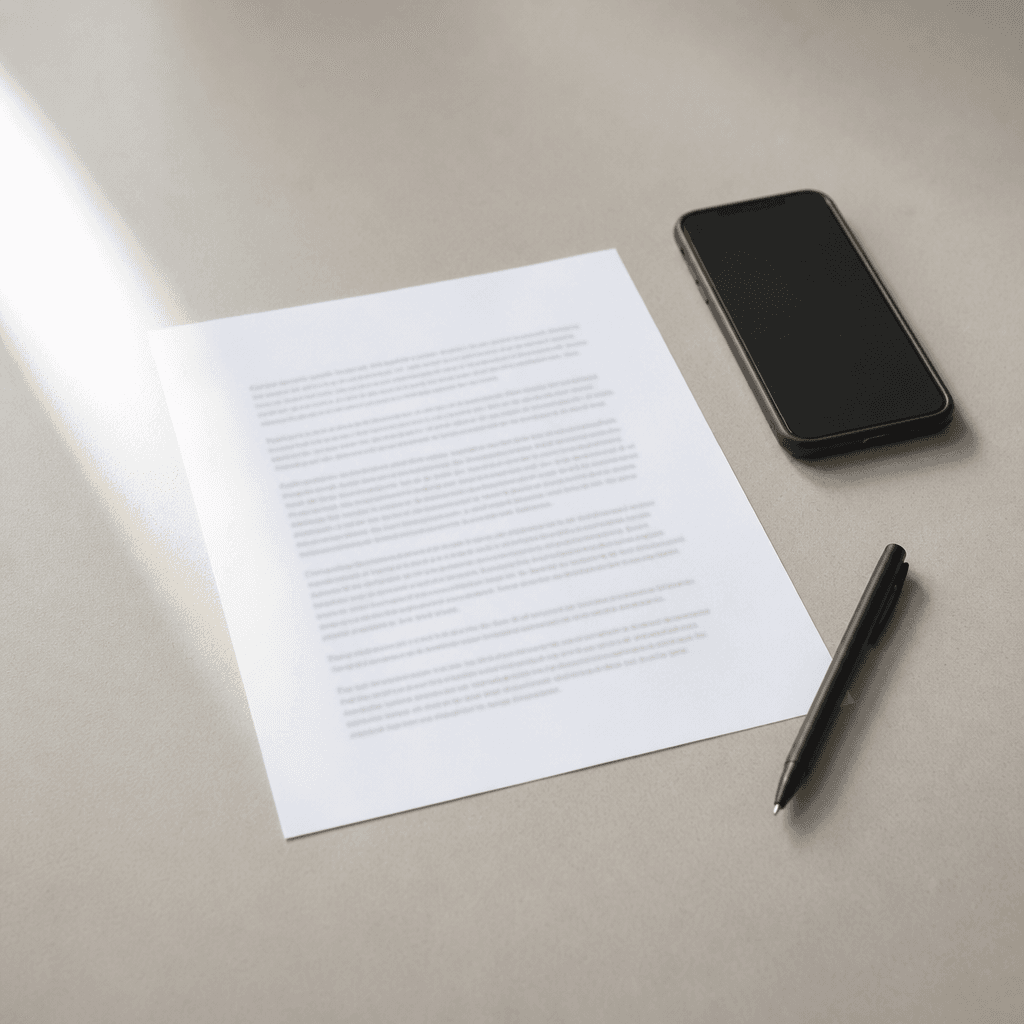 A printed page, a phone and a pen on a plain desk